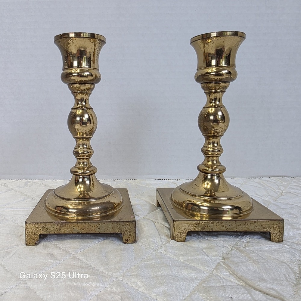 Vintage MCM Williamson Brass Candlestick Holders Pair Square Footed Base 5"